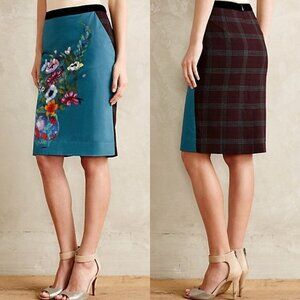 Anthropologie Emerald Garden Pencil Skirt Two-Tone Floral & Plaid Petite